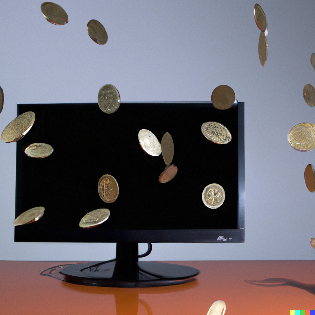 ML Generated Image of Coins Flipping in Front of a Computer Monitor