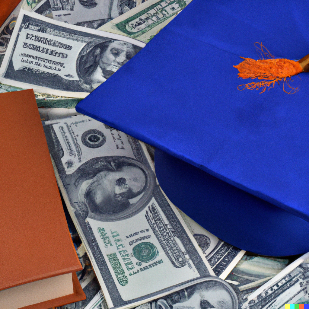 DALL E 2 generated image of blue graduation mortar-board cap with orange tassel on top of money. Brown-covered book is in lower left corner