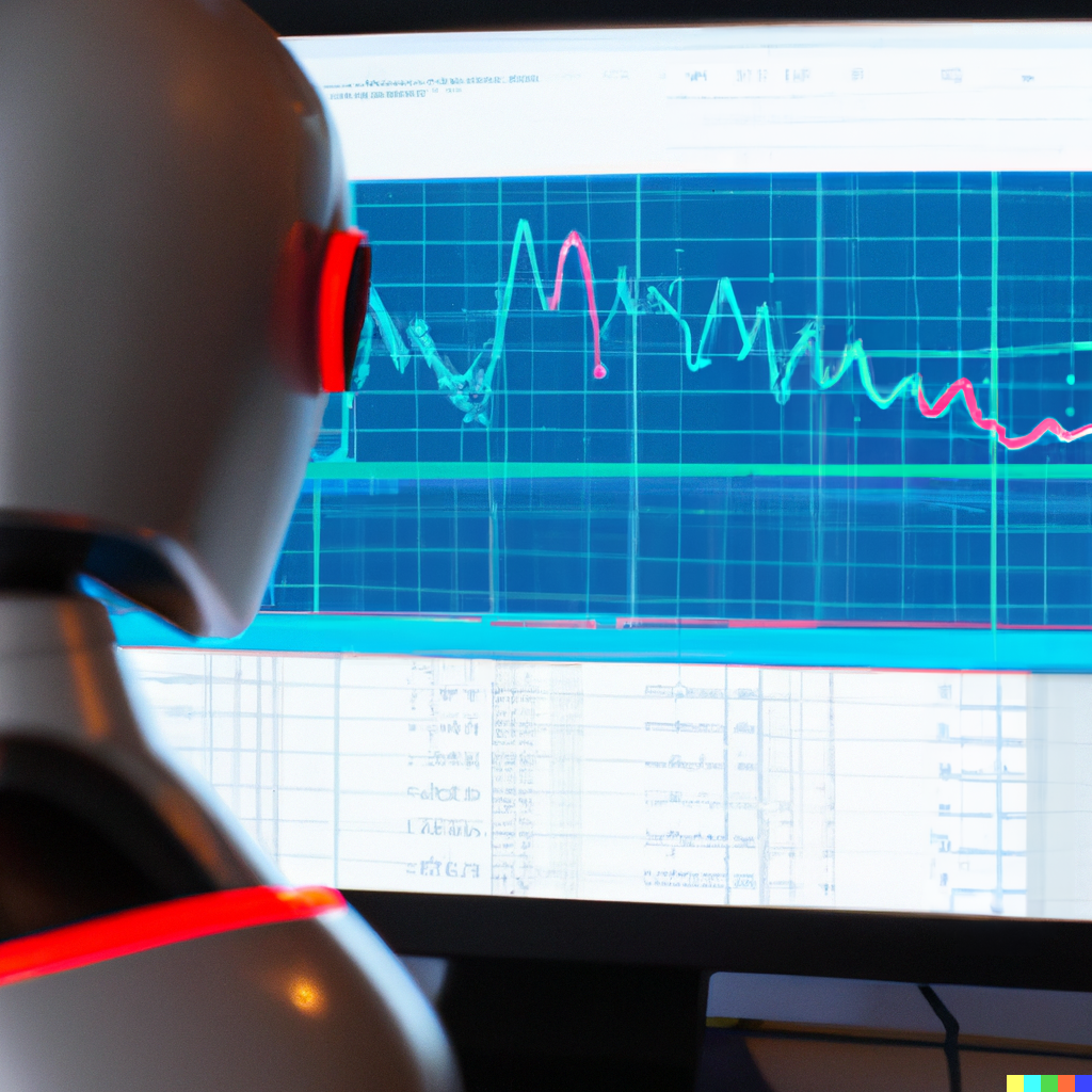 ML Generated image of an android sitting in front of a computer screen that depicts a line graph and data